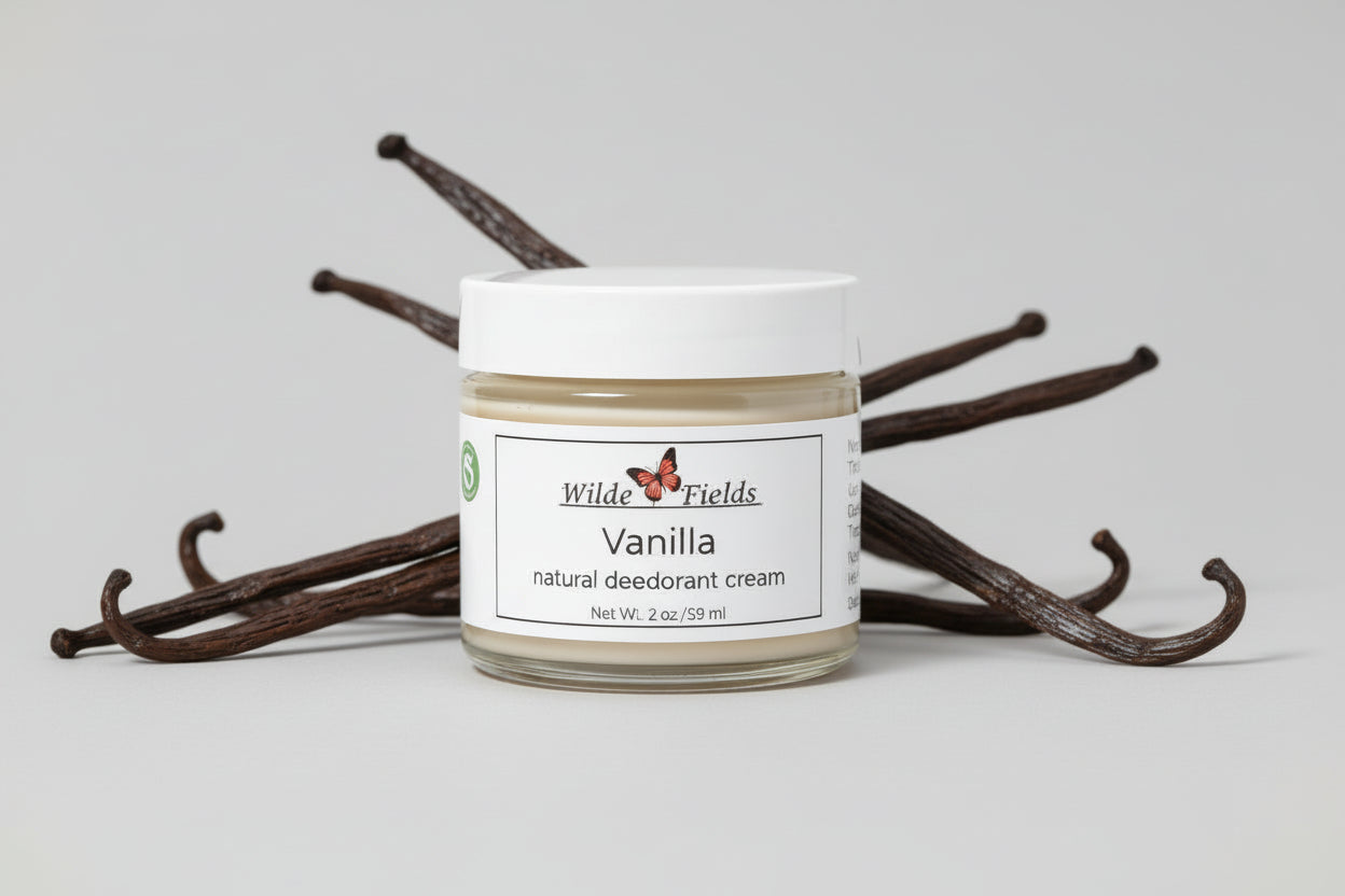 Jar of Wilde Fields Vanilla natural deodorant cream on a white background